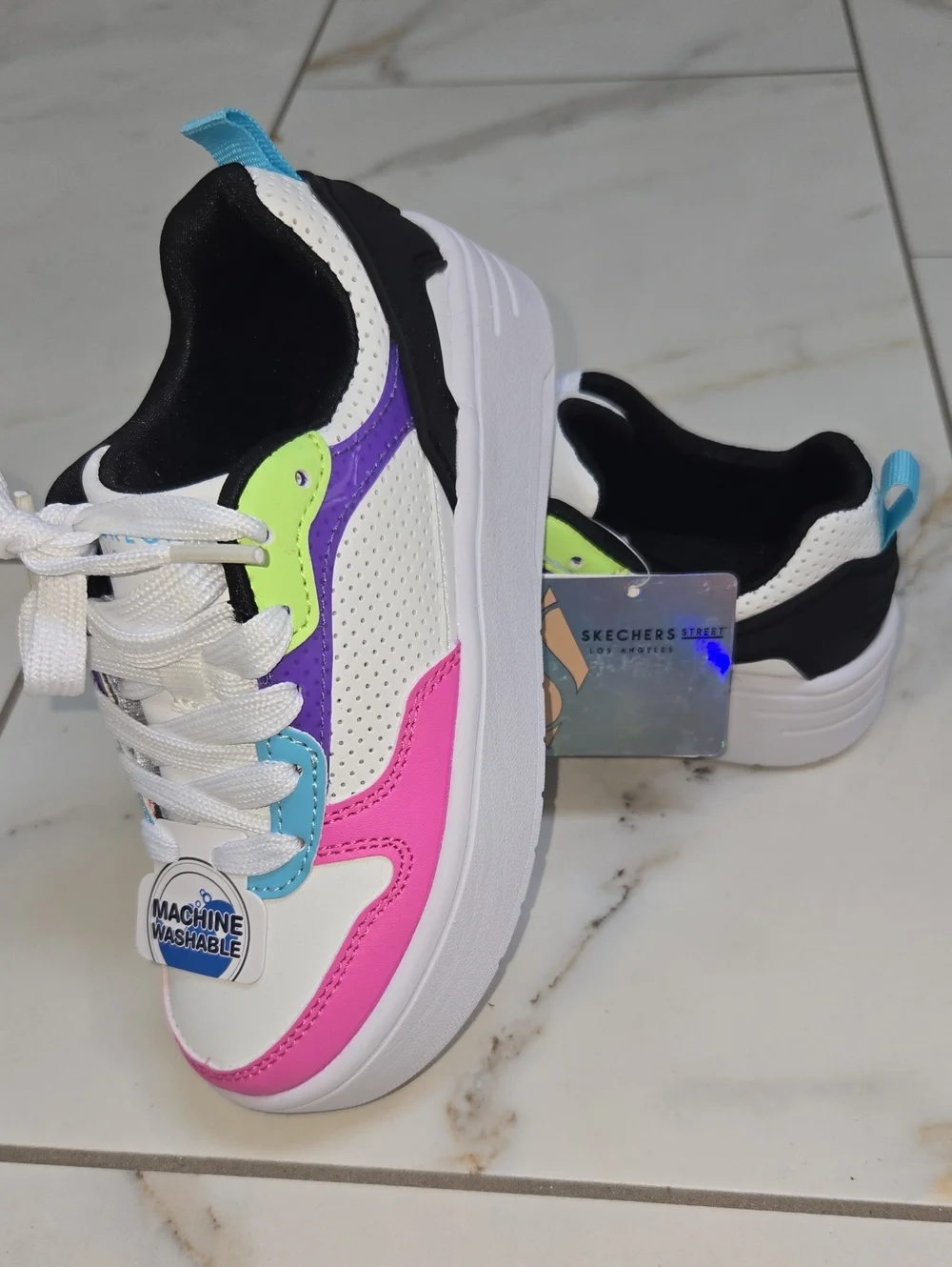 Skechers White Sneakers with Pink, Purple, Blue & Lime Accents